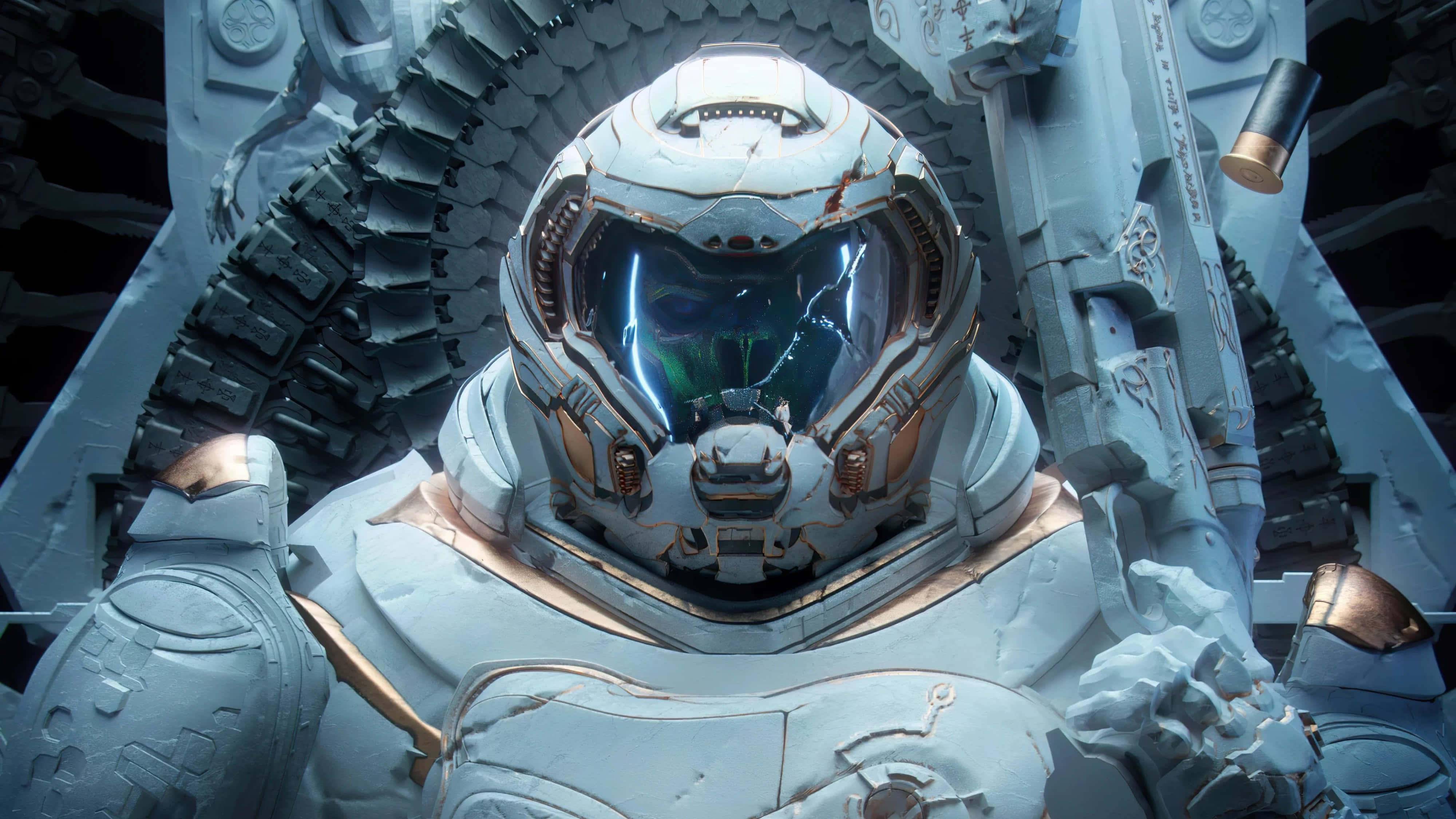 Doom Eternal 4K 桌布 壁紙 — 金屬太空船走廊內，一位未來派太空人戴著白色和金色頭盔，帶有發光藍色面罩的特寫。