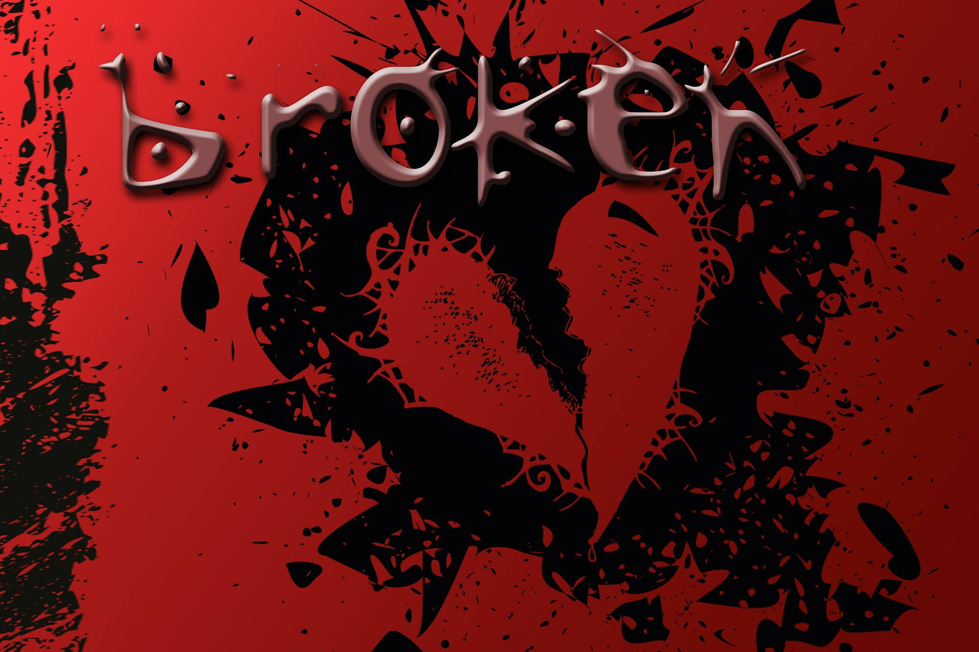 心碎 桌布 壁紙 — 金屬字體的「broken」一詞聳立在一個破碎的心形剪影之上，背景是鮮紅色的飛濺圖案。