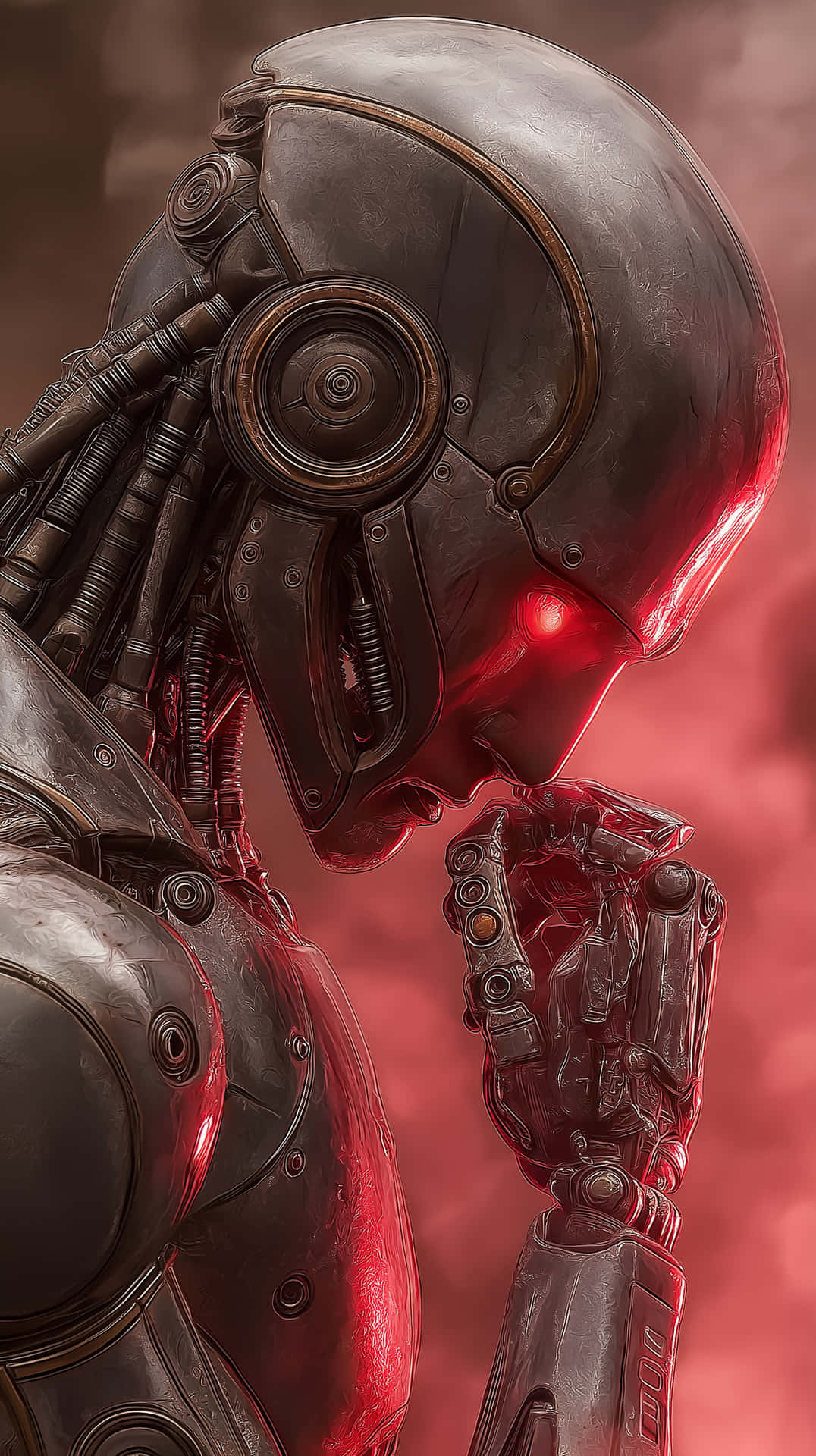 Futuristic humanoid robot 壁紙 — 金屬機器人的特寫，有發光的紅色眼睛和手托下巴，背景是煙霧彌漫的紅色。