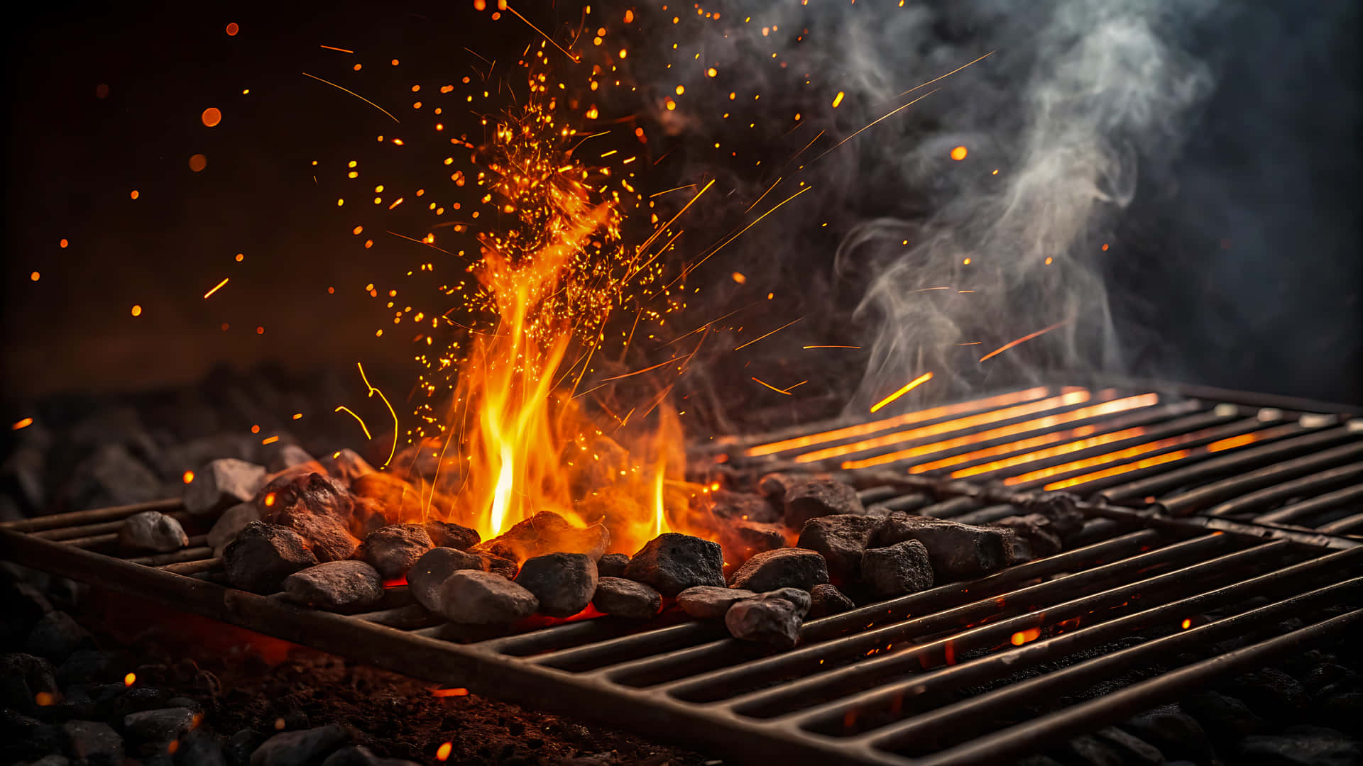 Burning coals and sparks on a grill create a fiery barbecue scene 壁紙 — 金屬烤架下熾熱的煤炭上躍起鮮豔的橙色火焰，火花四濺，煙霧裊裊上升。