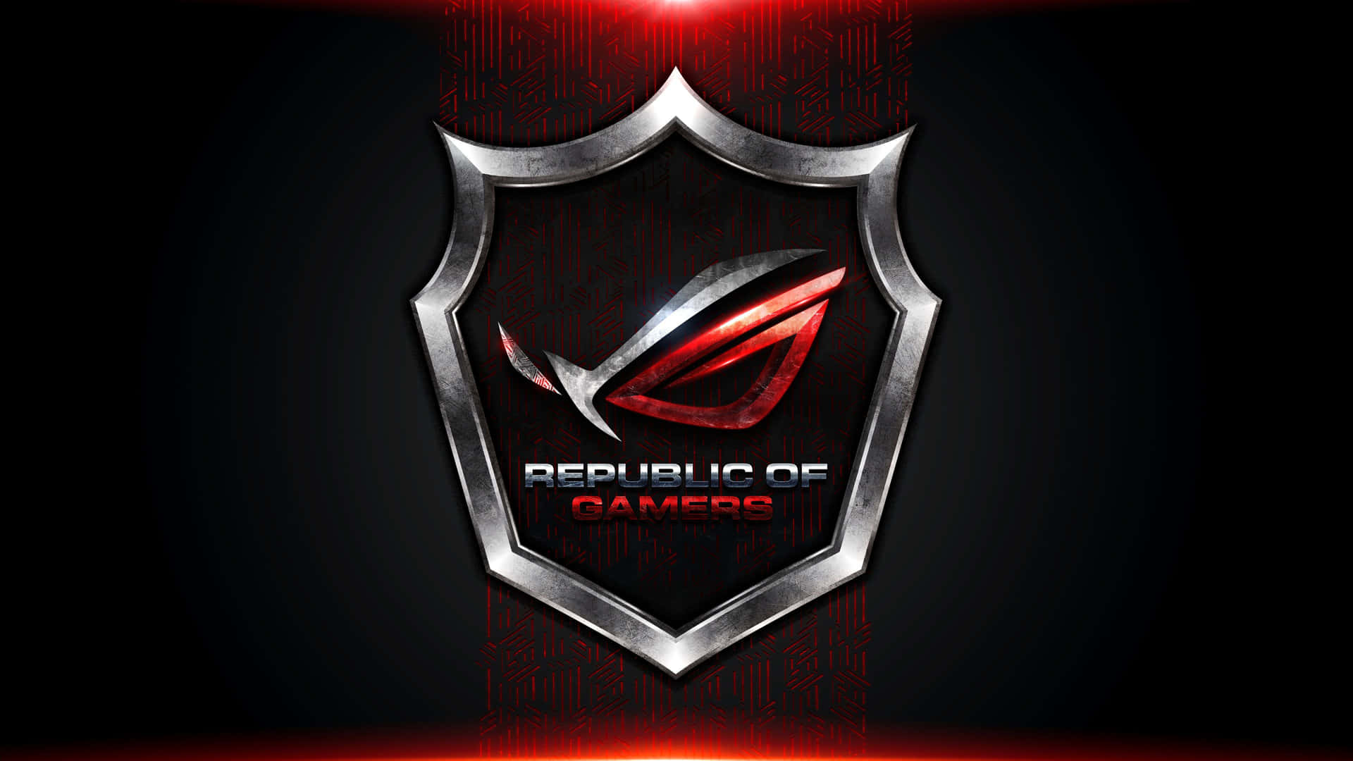 華碩 ROG 桌布 壁紙 — 金屬盾牌徽章，帶有發光的紅色眼睛標誌和'Republic of Gamers'文字，背景為深色並帶有紅色光線點綴。