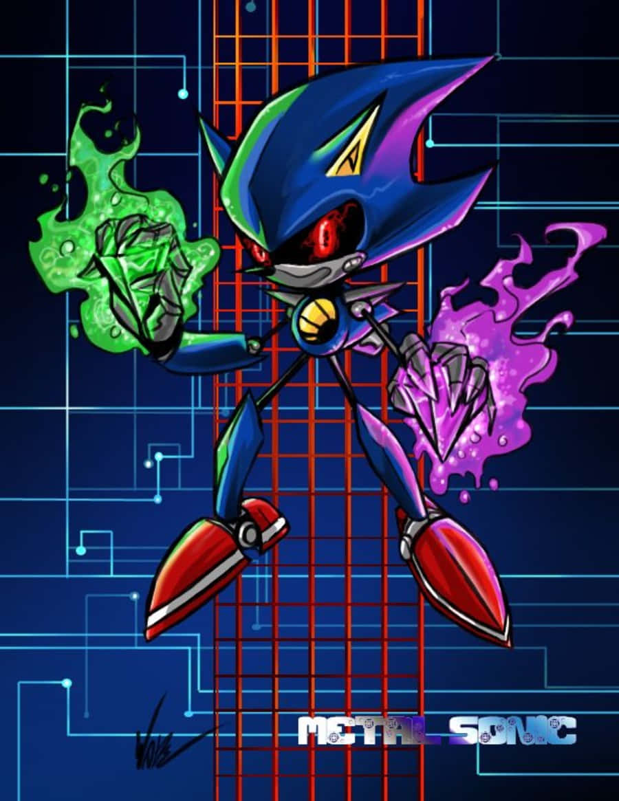 Sonic Chaos 桌布 壁紙 — 金屬索尼克在發光的網格背景下威嚴地站立，從拳頭散發出綠色和紫色的能量。