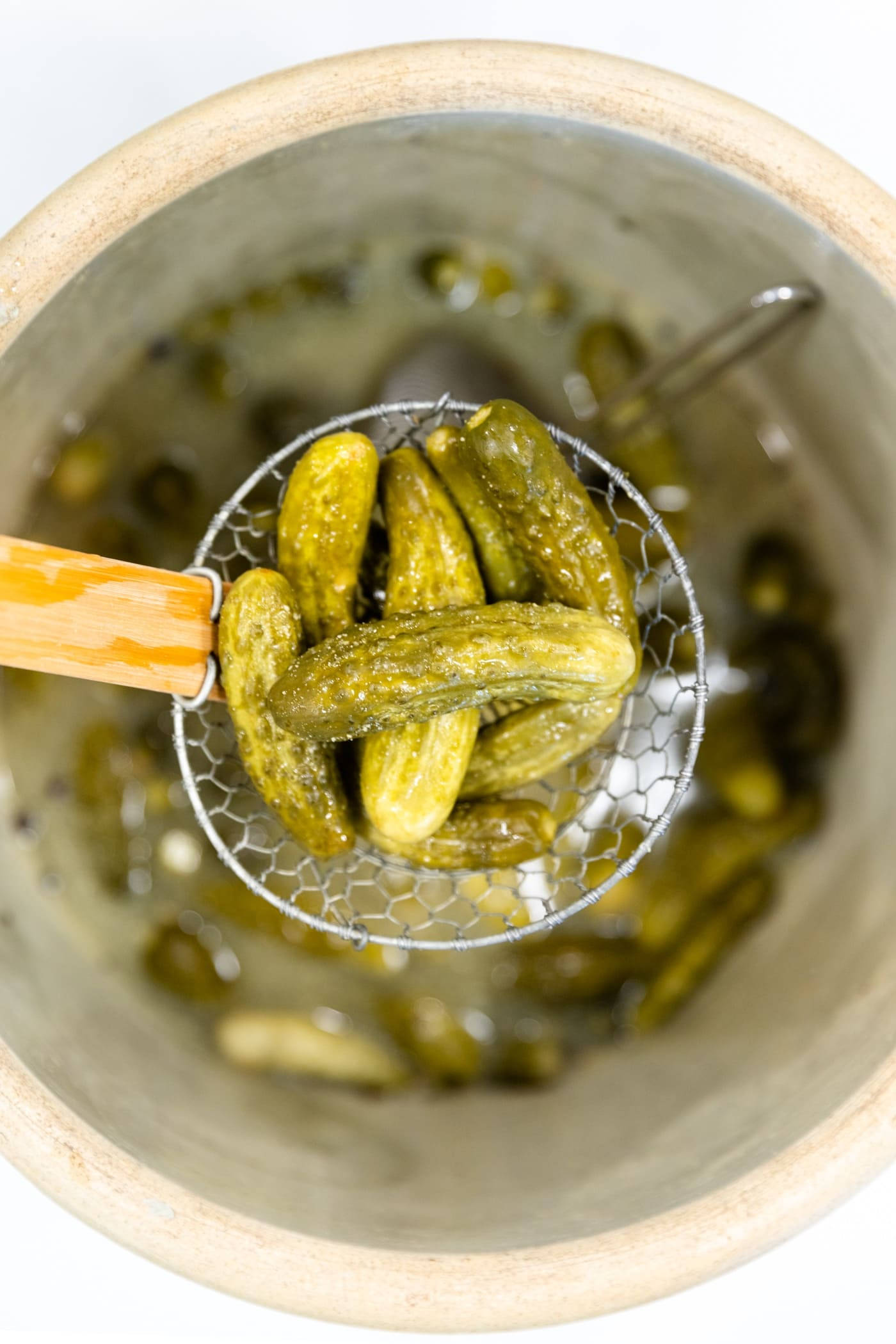 Pickle 桌布 壁紙 — 金屬網勺從裝滿鹽水的陶瓷罐中撈起閃亮的蒔蘿泡菜。