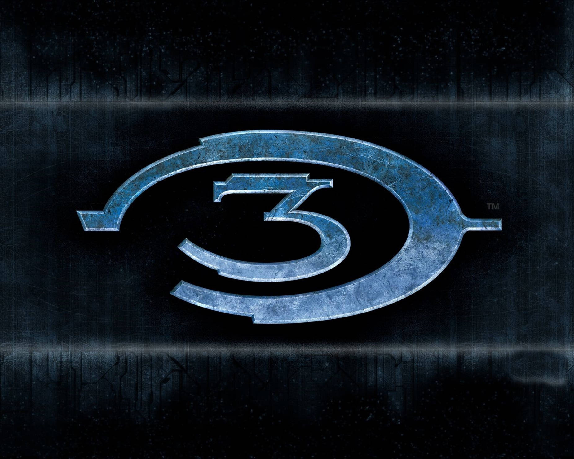 光環 桌布 壁紙 — 金屬藍色的 Halo 3 標誌在帶有微妙粒子效果的深色紋理背景上發光。