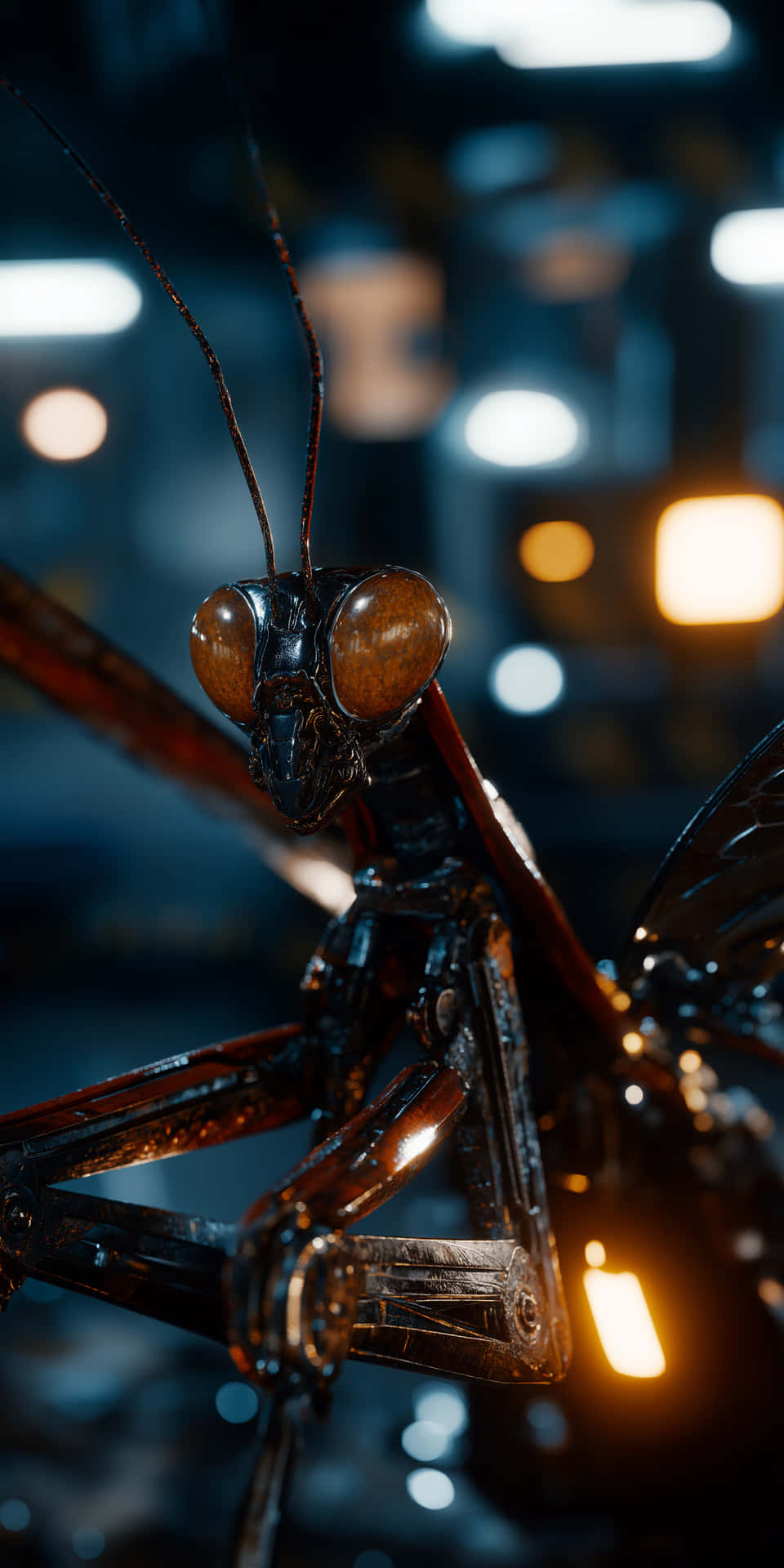 Giant Biomechanical Mantis with Glowing Eyes and Detail 壁紙 — 金屬螳螂的特寫，琥珀色眼睛和反光表面，背景是模糊的城市景觀和發光的燈光。