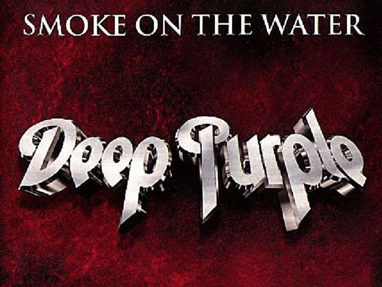 deep purple 桌布 壁紙 — 金屬質感3D文字顯示「Deep Purple」和「Smoke on the Water」，背景為紋理深紅色。