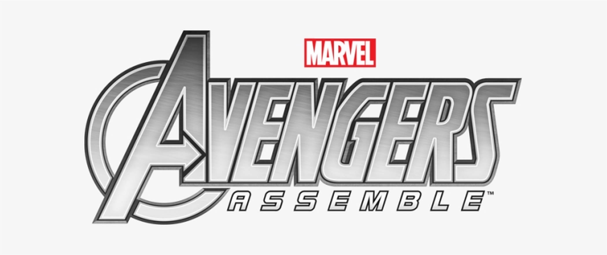 Assemble 桌布 壁紙 — 金屬質感的復仇者聯盟集結標誌，帶有紅色Marvel徽章，置於純白背景上。