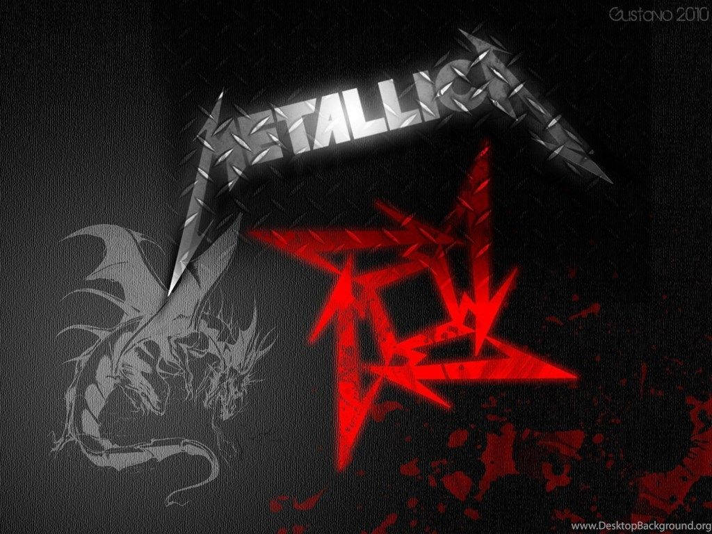 金屬製品樂團 桌布 壁紙 — 金屬銀色和紅色飛濺的Metallica標誌，在深色紋理背景上，附有龍的草圖。