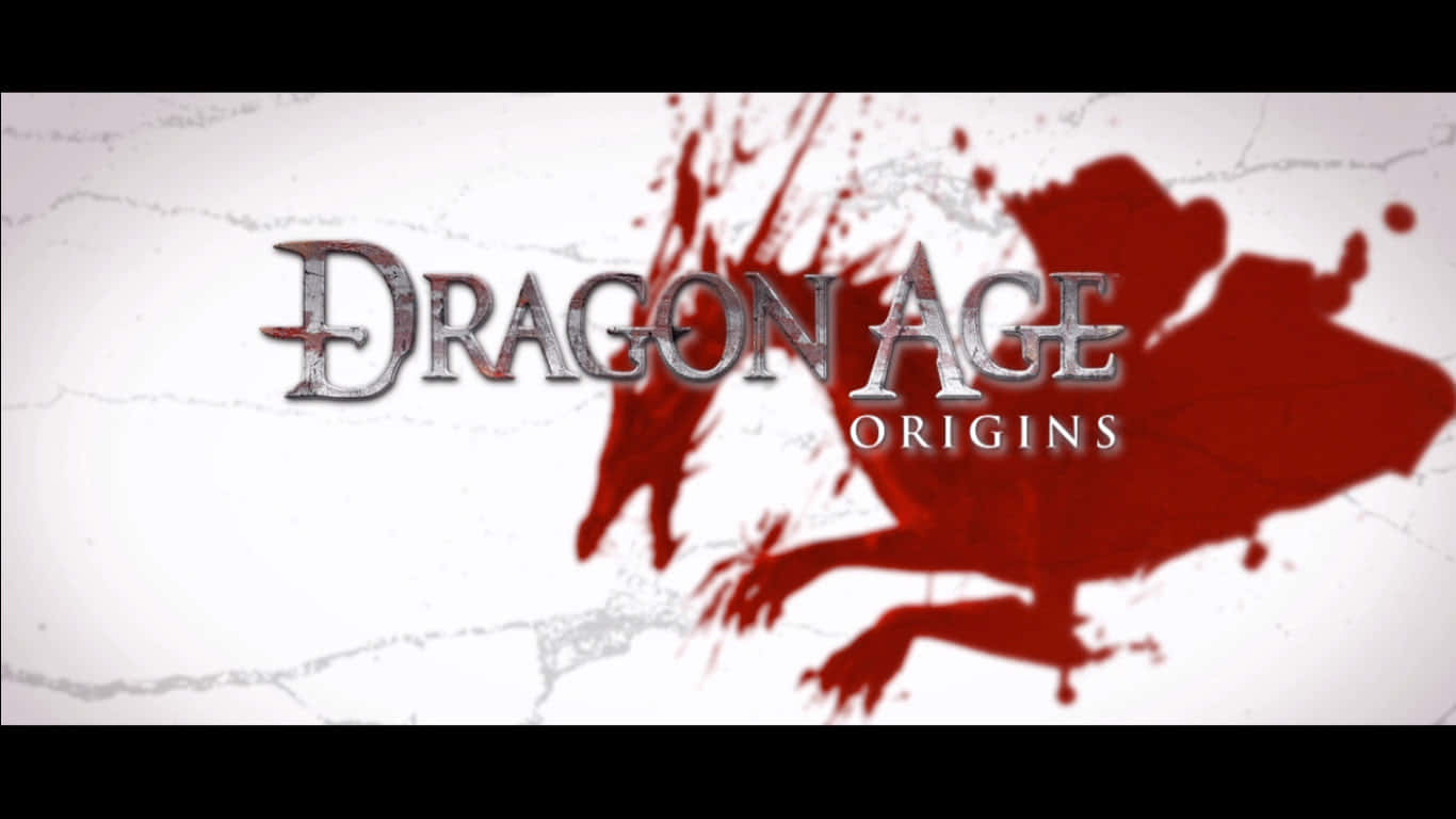 1366x768 Dragon Age Inquisition 桌布 壁紙 — 金屬銀色的《Dragon Age Origins》標誌，搭配裂紋白色背景上的紅色龍形剪影。