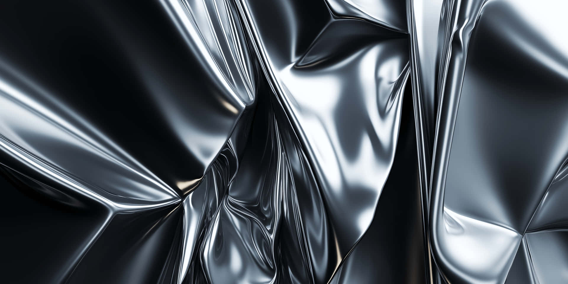 3D Wallpaper Abstract Metallic Surface with Dynamic Light Reflections 壁紙 — 金屬銀色皺摺布料的特寫，銳利的摺痕在暗影中反射出明亮的高光。