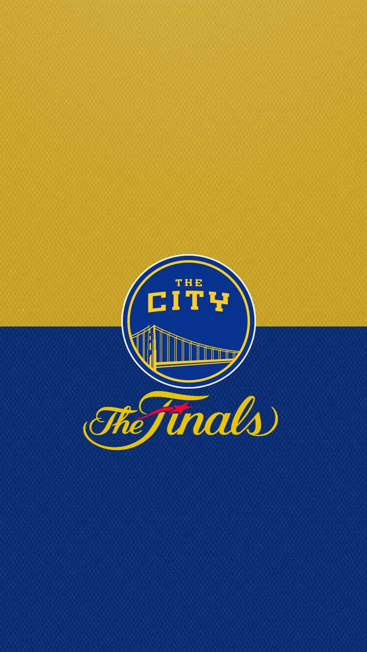NBA 桌布 壁紙 — 金州勇士隊標誌，帶有「The City」和「The Finals」文字，背景為黃色和藍色紋理。