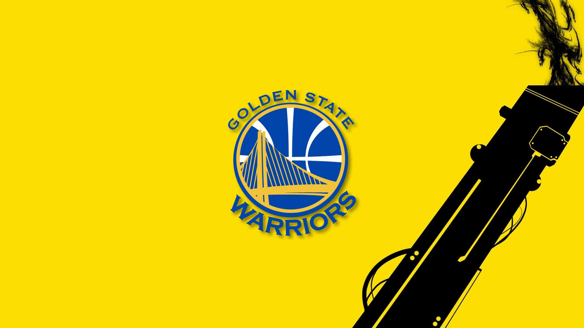Golden State Warriors Logo 桌布 壁紙 — 金州勇士隊標誌，藍色和黃色，黑色火箭剪影，背景為鮮豔的黃色。