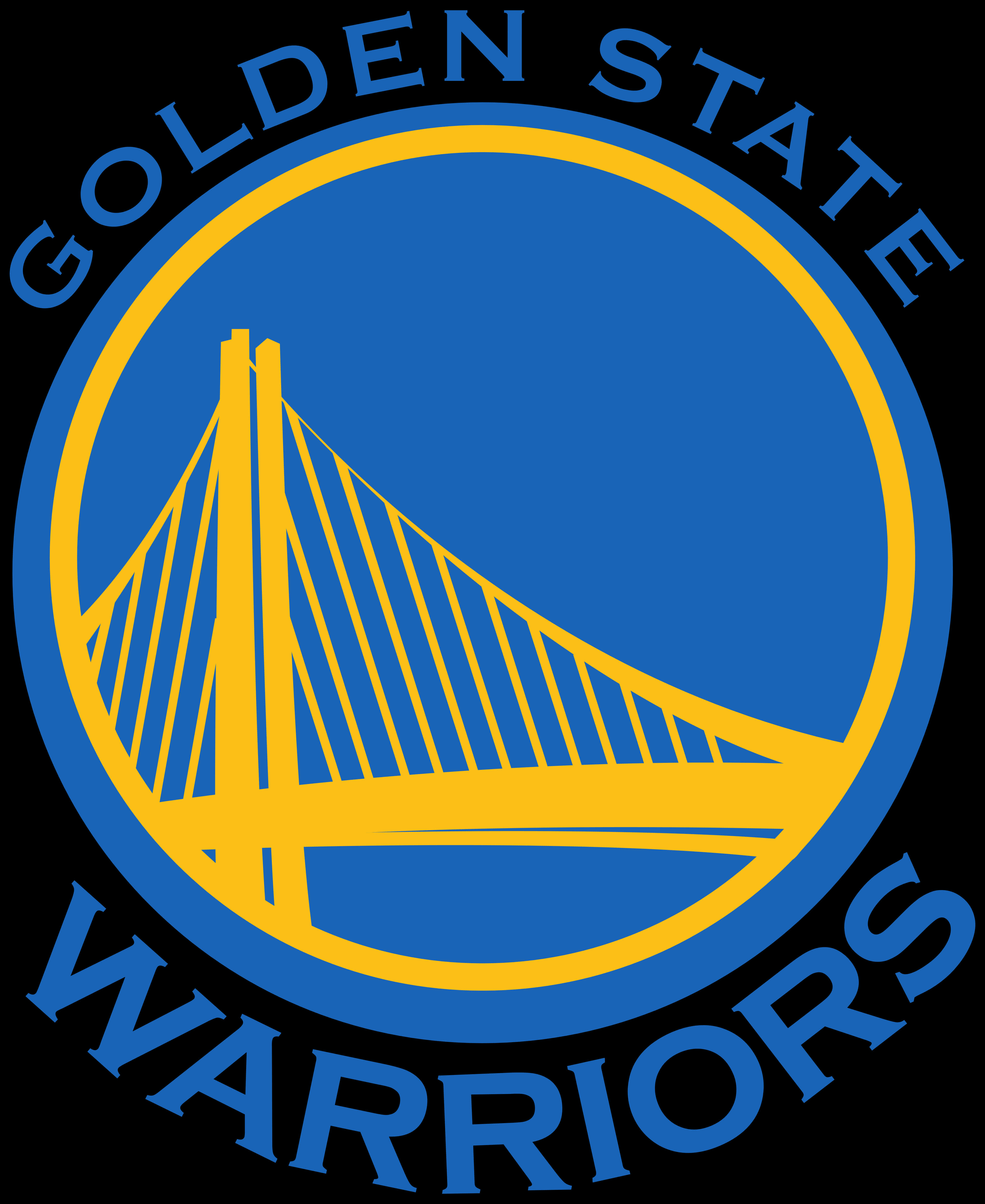 Golden State Warriors Logo 桌布 壁紙 — 金州勇士隊標誌，藍色背景上有一個黃色橋樑剪影，隊名在上方和下方呈拱形排列。