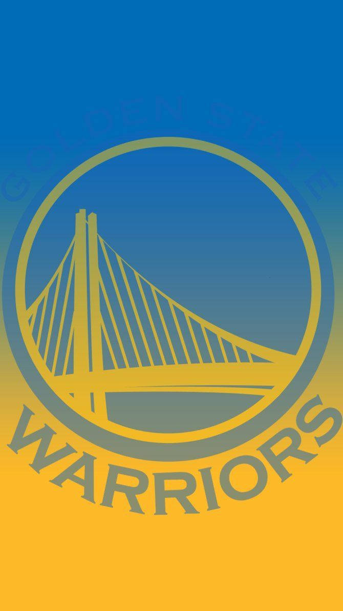 Warriors 桌布 壁紙 — 金州勇士隊標誌，黃色橋樑剪影在藍色到黃色漸變背景上。