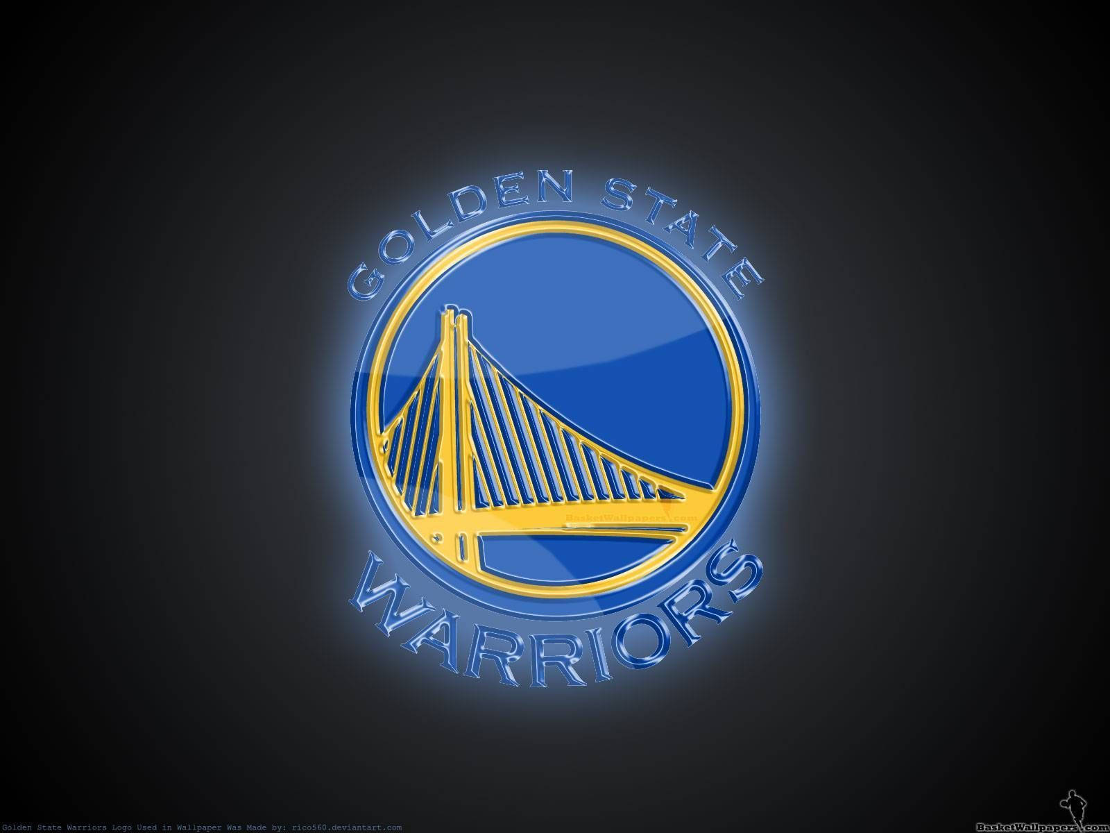 Warriors 桌布 壁紙 — 金州勇士隊標誌在深色漸變背景上發出藍色和黃色光芒。