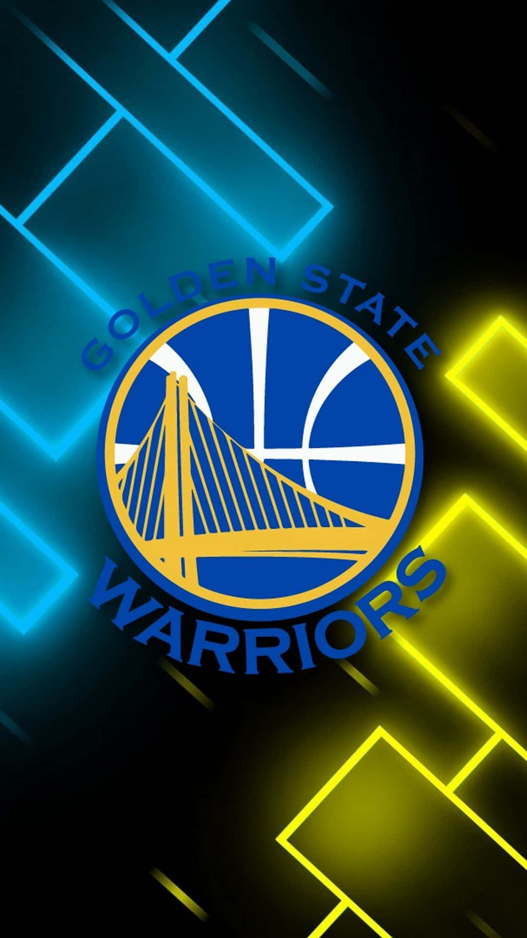 Golden State Warriors Logo 桌布 壁紙 — 金州勇士隊標誌在深色背景上以霓虹藍色和黃色線條發光。