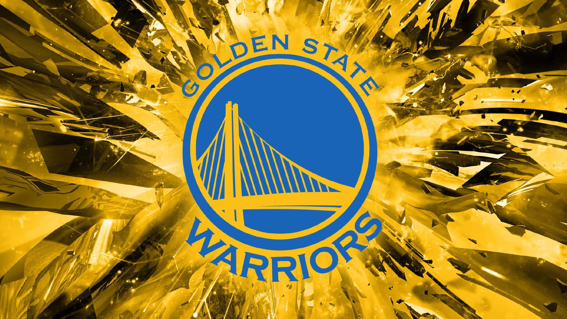 Golden State Warriors Logo 桌布 壁紙 — 金州勇士隊標誌居中，採用大膽的藍色和金色，並帶有向外輻射的碎玻璃效果。