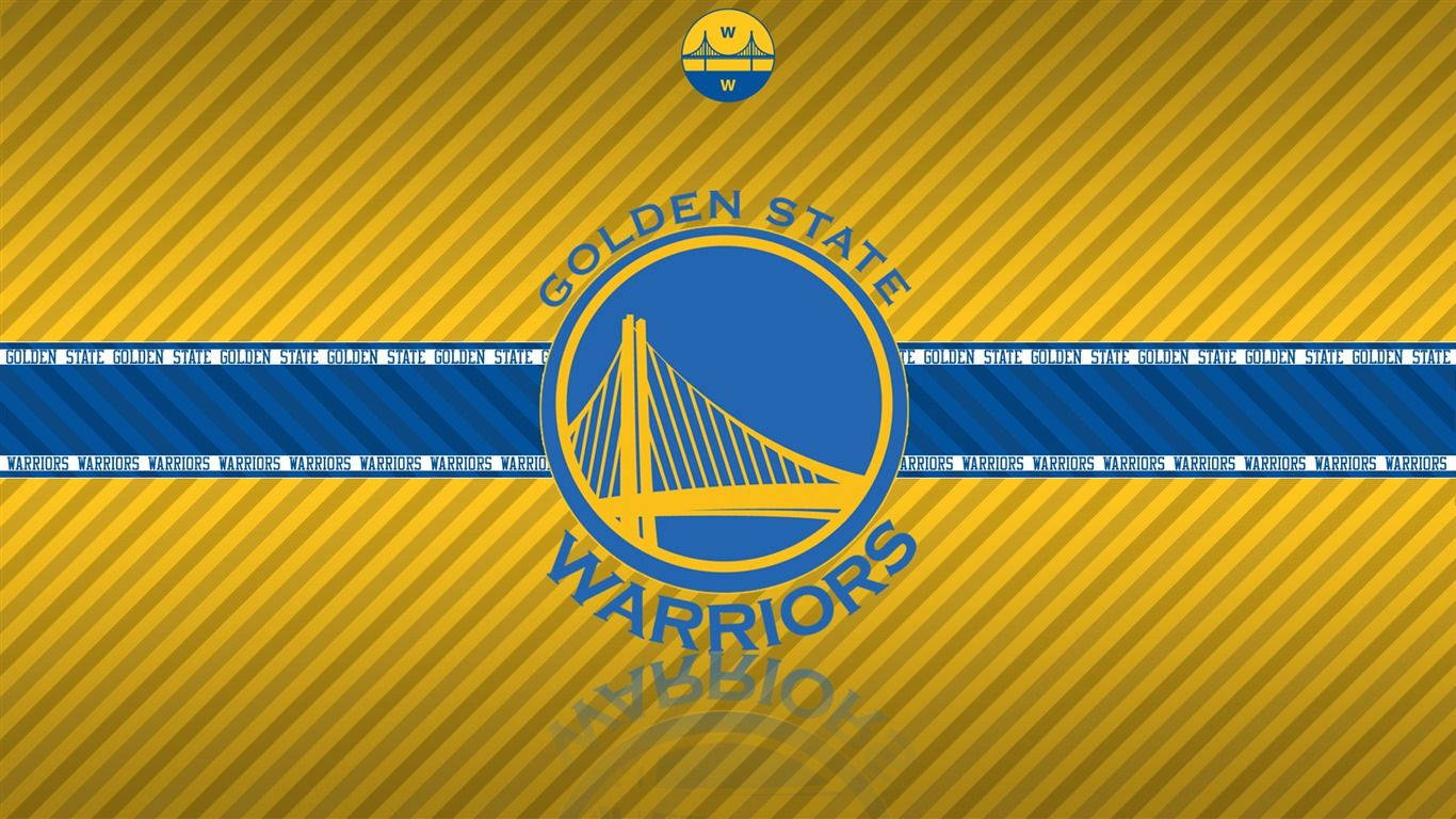 Warriors 桌布 壁紙 — 金州勇士隊標誌居中於大膽的黃色對角線條紋背景上，並帶有重複的球隊名稱橫幅。