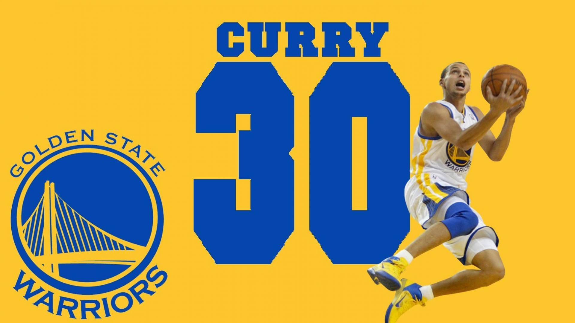 Warriors 桌布 壁紙 — 金州勇士隊球員史蒂芬柯瑞在半空中投籃，背景為大膽的黃色，並附有他的名字和號碼。