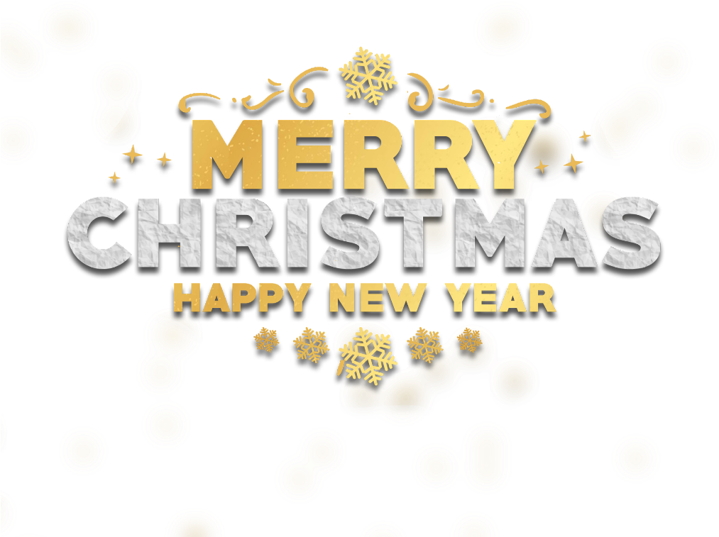 merry christmas and happy new year 桌布 壁紙 — 金幣和雪花在黑色背景上的粗體節日文字周圍飄浮。