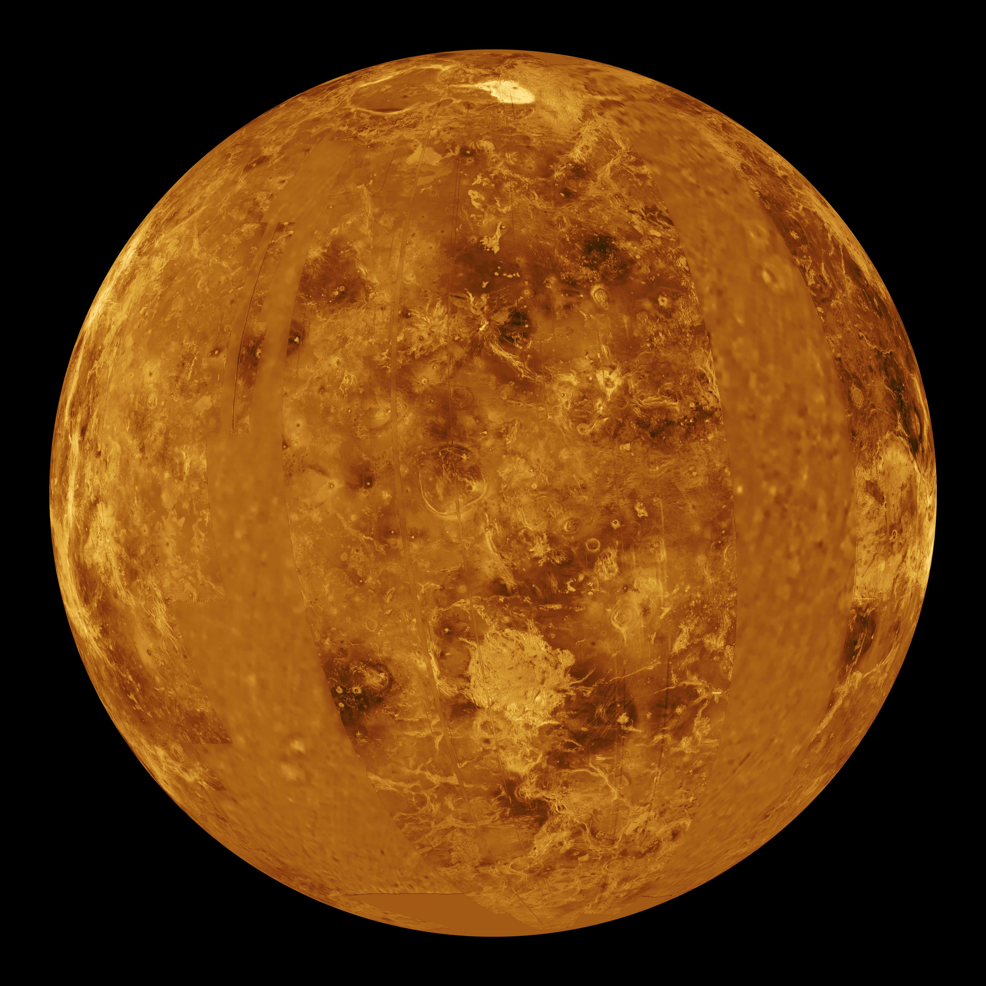 行星動畫 桌布 壁紙 — 金星的近距離視圖，在黑色虛空背景下，帶有紋理的金橙色表面發光。