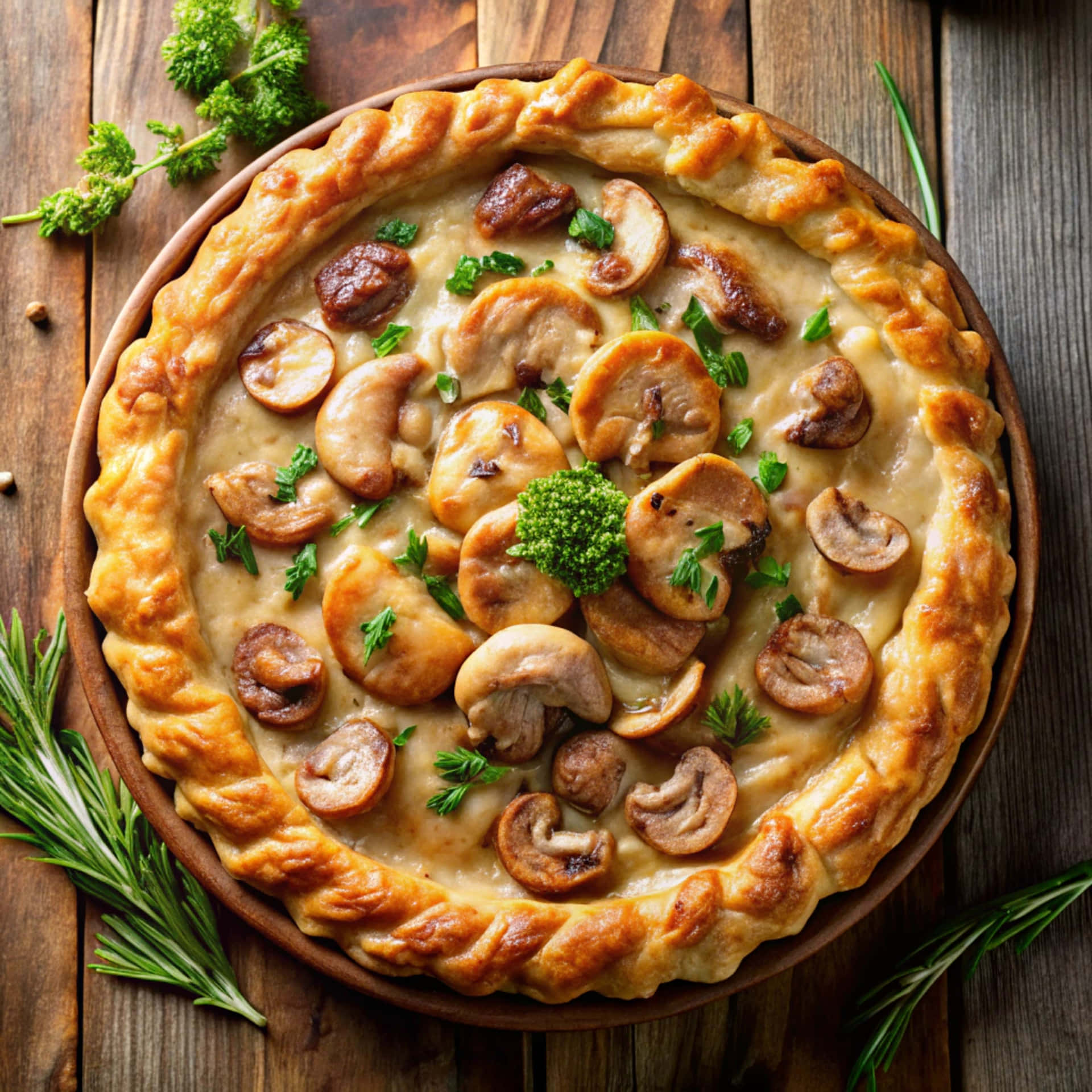 Chicken and mushroom pie with tart 壁紙 — 金棕色蘑菇派，酥脆外皮，放在木板上，飾以新鮮歐芹和迷迭香。