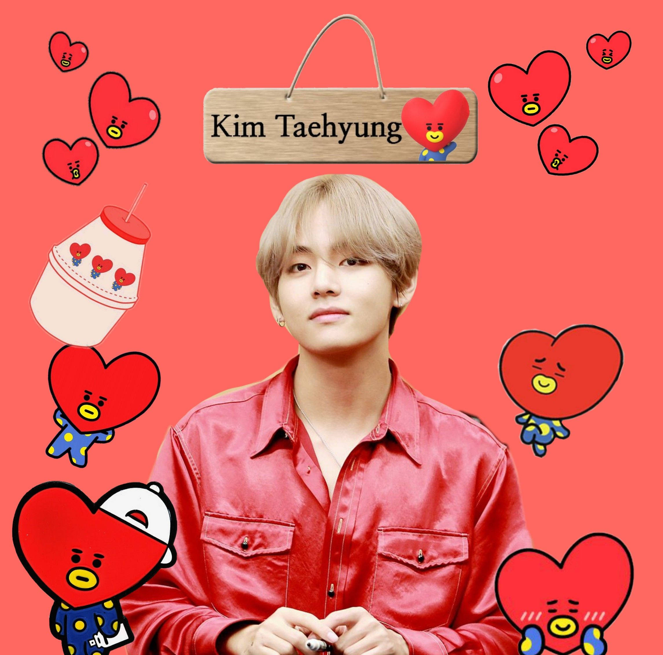 tata bt21 桌布 壁紙 — 金泰亨穿著紅色襯衫，被BT21心形角色包圍在珊瑚色背景上。