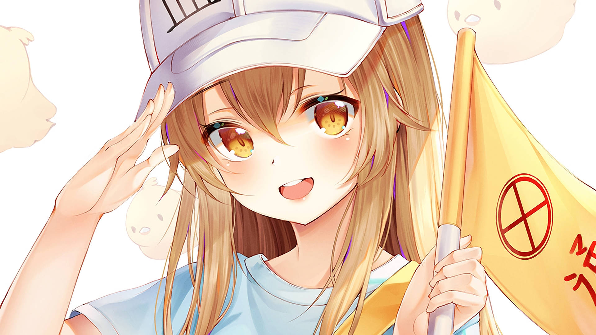 Work 桌布 壁紙 — 金瞳動畫女孩在明亮的白色背景前舉著帶有紅色符號的黃色旗幟敬禮。