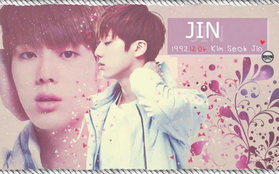 Jin 桌布 壁紙 — 金碩珍的風格化肖像，淺藍色外套上覆蓋著柔和的粉紅色和紫色花卉圖案及心形圖案。