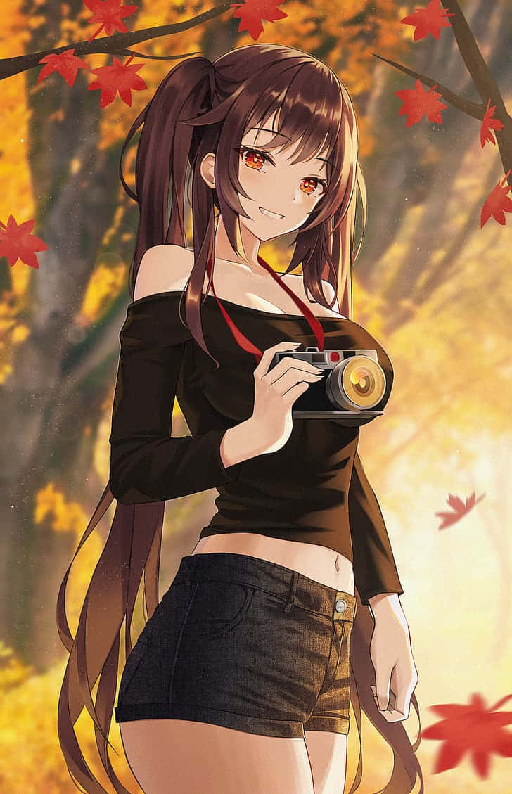 Petite 桌布 壁紙 — 金秋陽光下，棕色雙馬尾的動漫女孩在飄落的紅楓葉中拿著相機。
