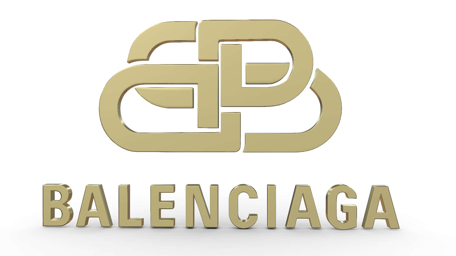 巴黎世家 桌布 壁紙 — 金色 Balenciaga 標誌，帶有互鎖字母和品牌名稱，以 3D 形式呈現於純白背景上。