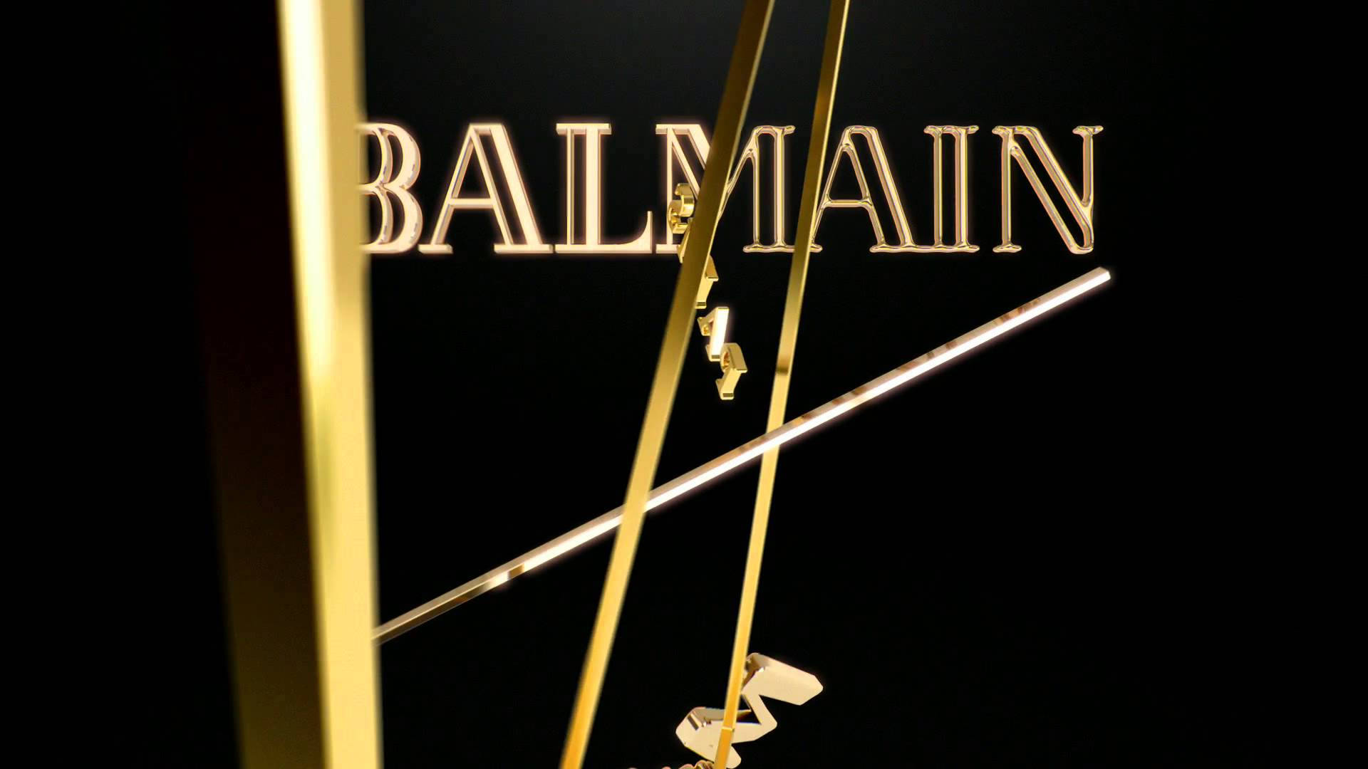 桌布 壁紙 — 金色 Balmain 標誌在黑色背景上發光，並由時尚的金屬棒框住。