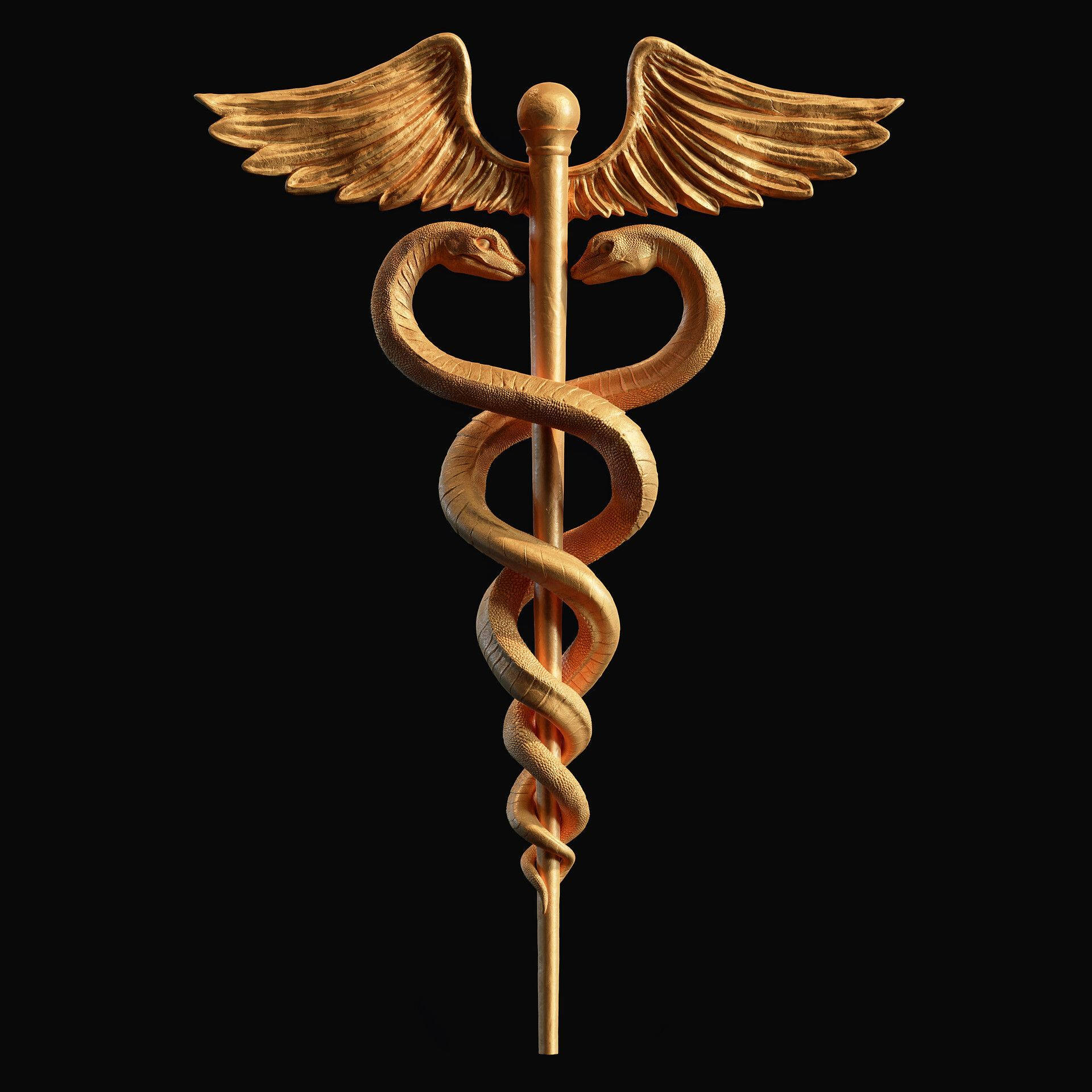 標誌 桌布 壁紙 — 金色 caduceus 符號，有交纏的蛇和翅膀，襯黑色背景。