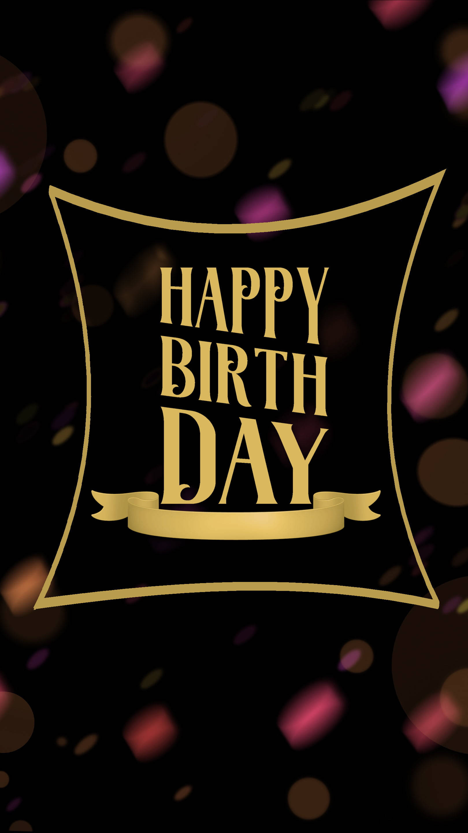 birthday blessings 桌布 壁紙 — 金色「Happy Birthday」文字在裝飾框內，黑色背景搭配彩色散景紙屑。