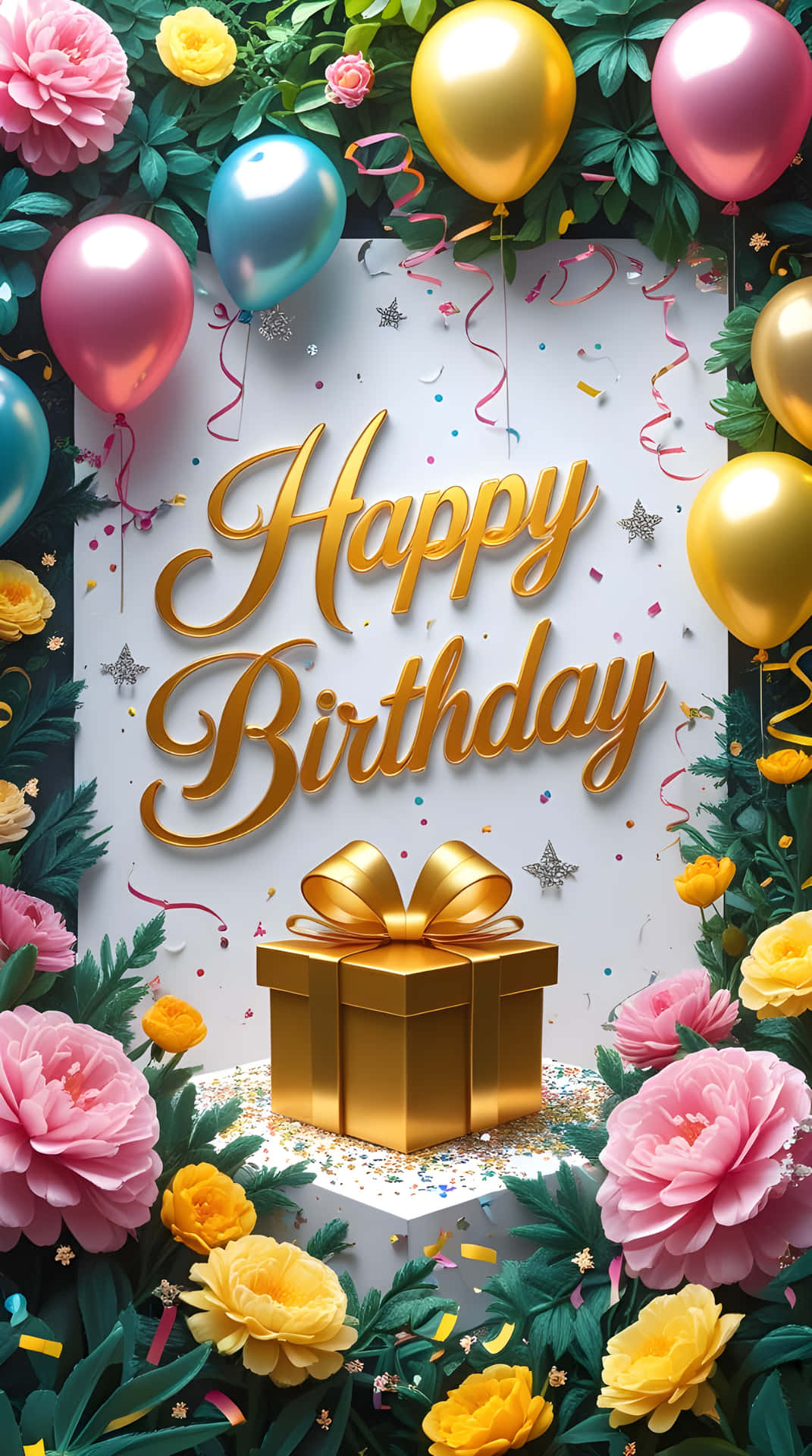 Happy Birthday Wallpaper 壁紙 — 金色 'Happy Birthday' 文字和禮物盒被粉紅色黃色花朵氣球和五彩紙屑包圍。