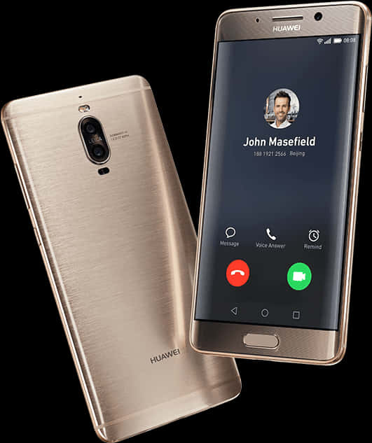 Smart Phone 桌布 壁紙 — 金色 Huawei 智慧型手機正面和背面顯示，來電畫面顯示聯絡人 John Masefield。