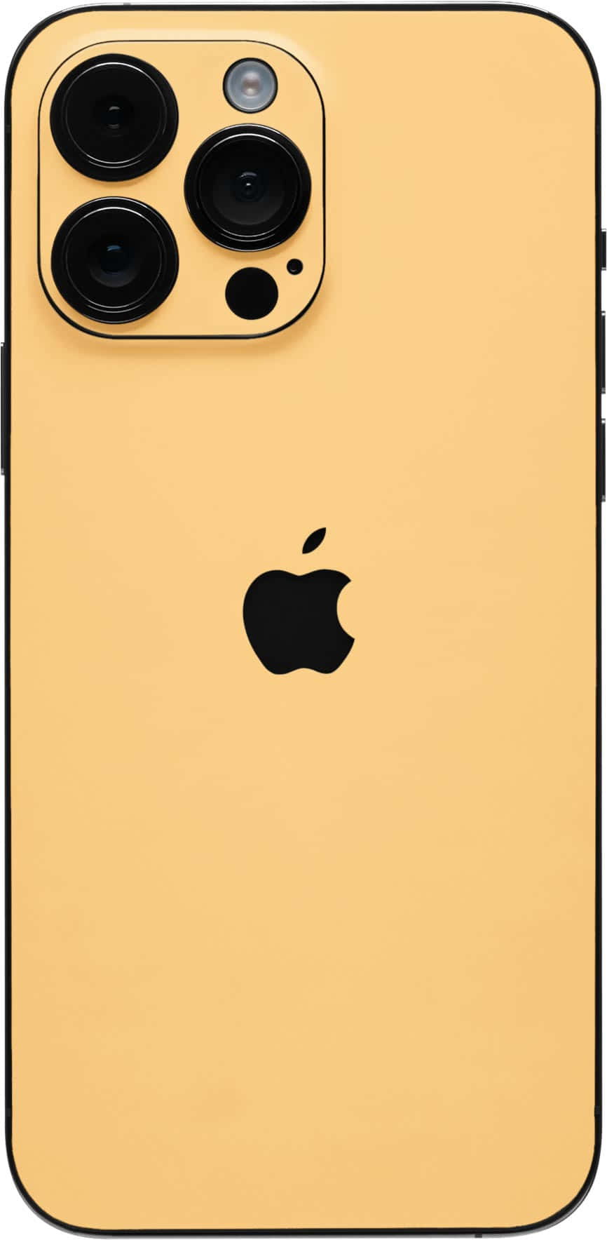 iPhone 桌布 壁紙 — 金色 iPhone 14 Pro Max，黑色相機模組和 Apple 標誌，在乾淨的攝影棚燈光下展示。
