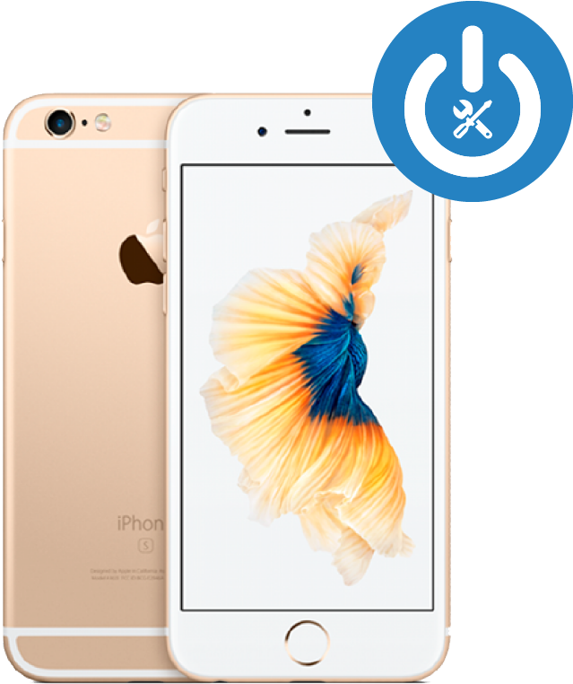 科威特 桌布 壁紙 — 金色 iPhone 6s 正面和背面展示，配有鮮豔的鬥魚桌布和藍色電源圖示疊加。