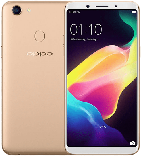 Oppo Mobile 桌布 壁紙 — 金色 OPPO 智慧型手機正面和背面展示，螢幕上顯示色彩繽紛的抽象桌布，並顯示時間和日期。