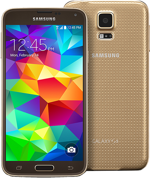 三星 桌布 壁紙 — 金色 Samsung Galaxy S5 智慧型手機，正面和背面顯示，螢幕上帶有彩色幾何桌布。