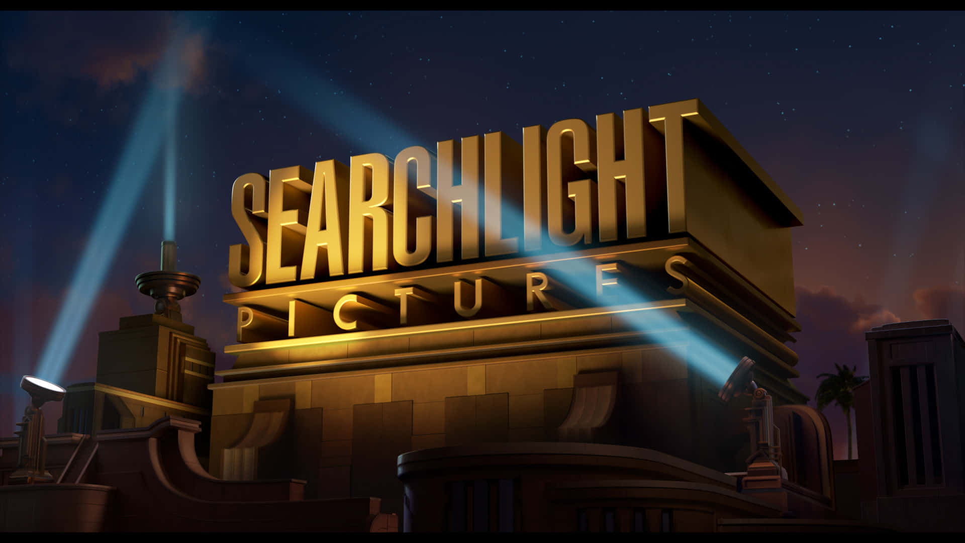 標誌 桌布 壁紙 — 金色 Searchlight Pictures 標誌被光束照亮，背景是星空夜空和棕櫚樹。