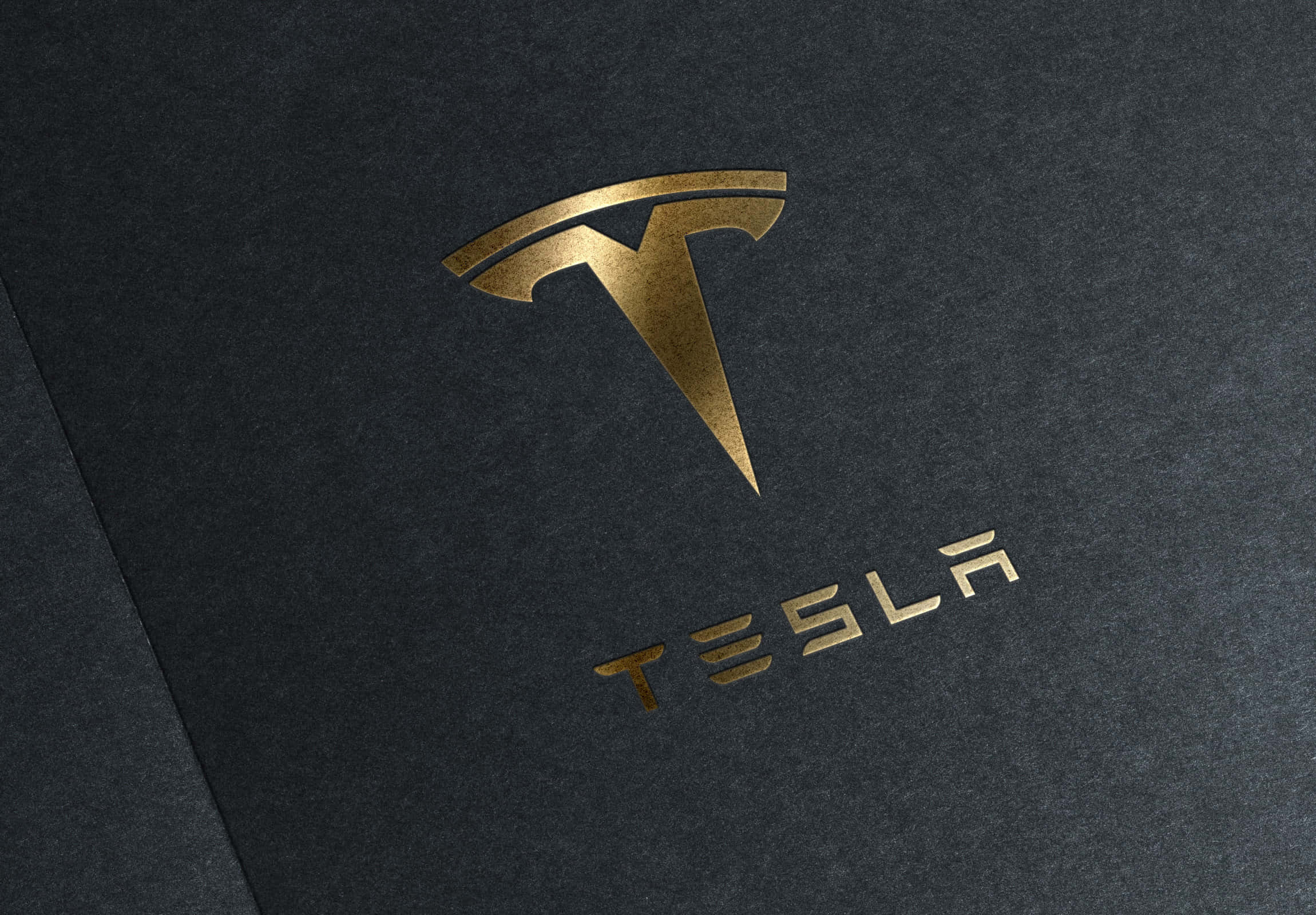 桌布 壁紙 — 金色 Tesla 標誌和文字壓印在帶紋理的深灰色紙張上，光線柔和。