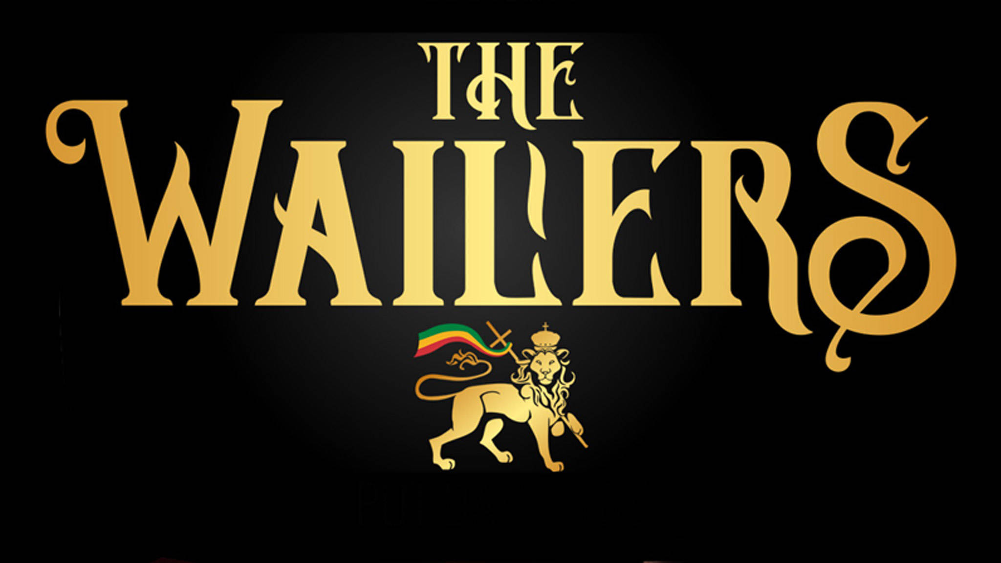標誌 桌布 壁紙 — 金色 'The Wailers' 標誌，帶有皇冠獅子和拉斯塔法里旗幟，黑色背景。