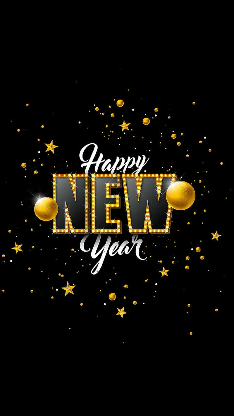 節日 桌布 壁紙 — 金色「新年快樂」文字，搭配閃爍燈光和星星，在黑色背景上。
