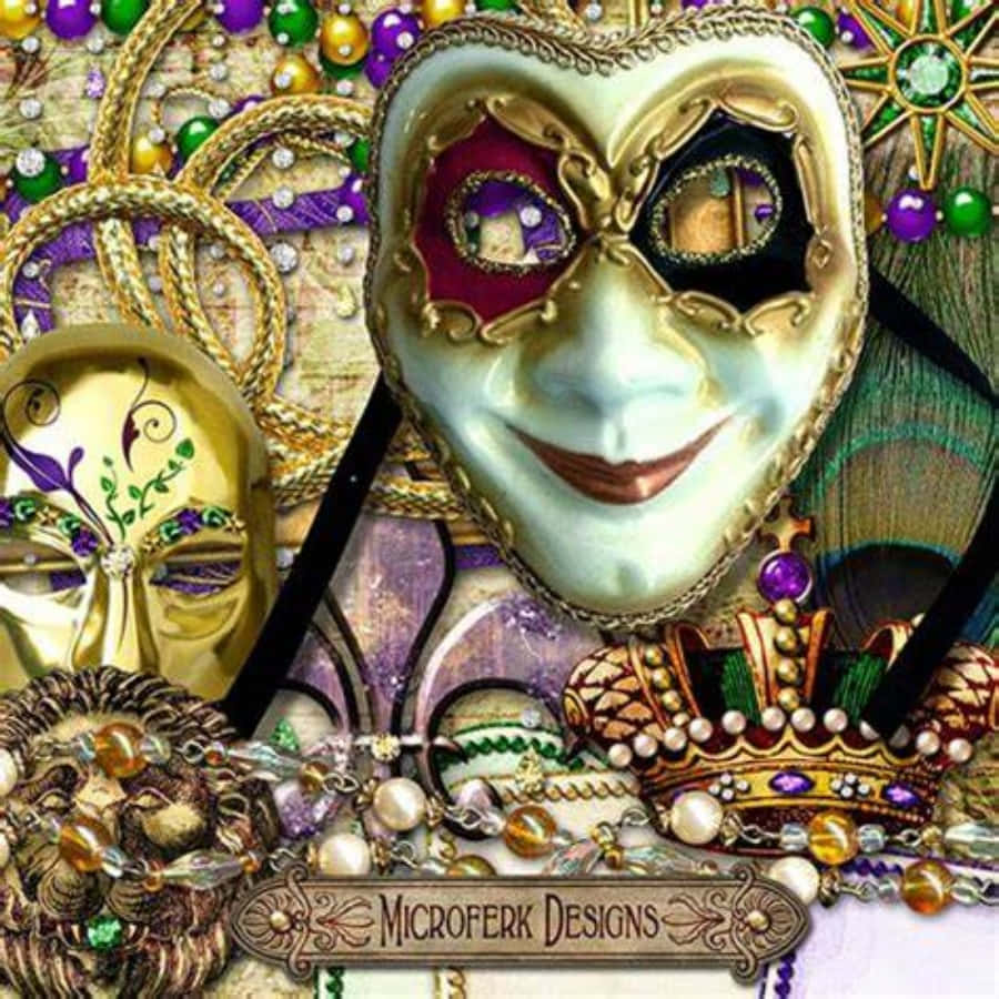 Mardi Gras 桌布 壁紙 — 金色、紫色和綠色的華麗化裝舞會面具、皇冠、珠寶、珠子和皇冠的拼貼畫。