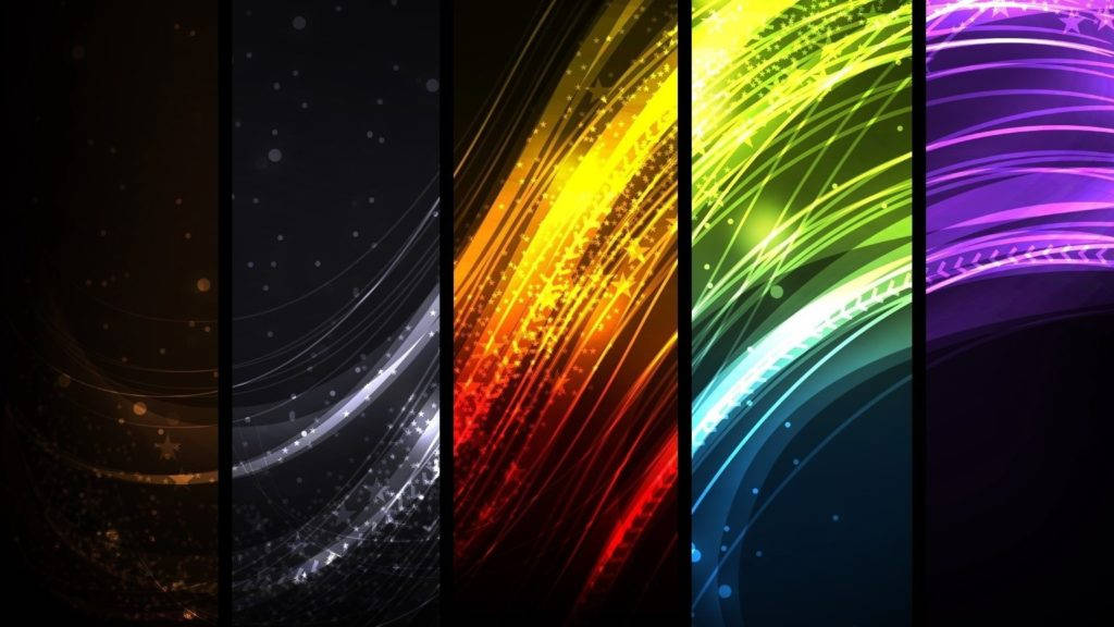 4K color 桌布 壁紙 — 金色、綠色和紫色的鮮豔抽象光條在黑暗面板上旋轉，帶有發光粒子。