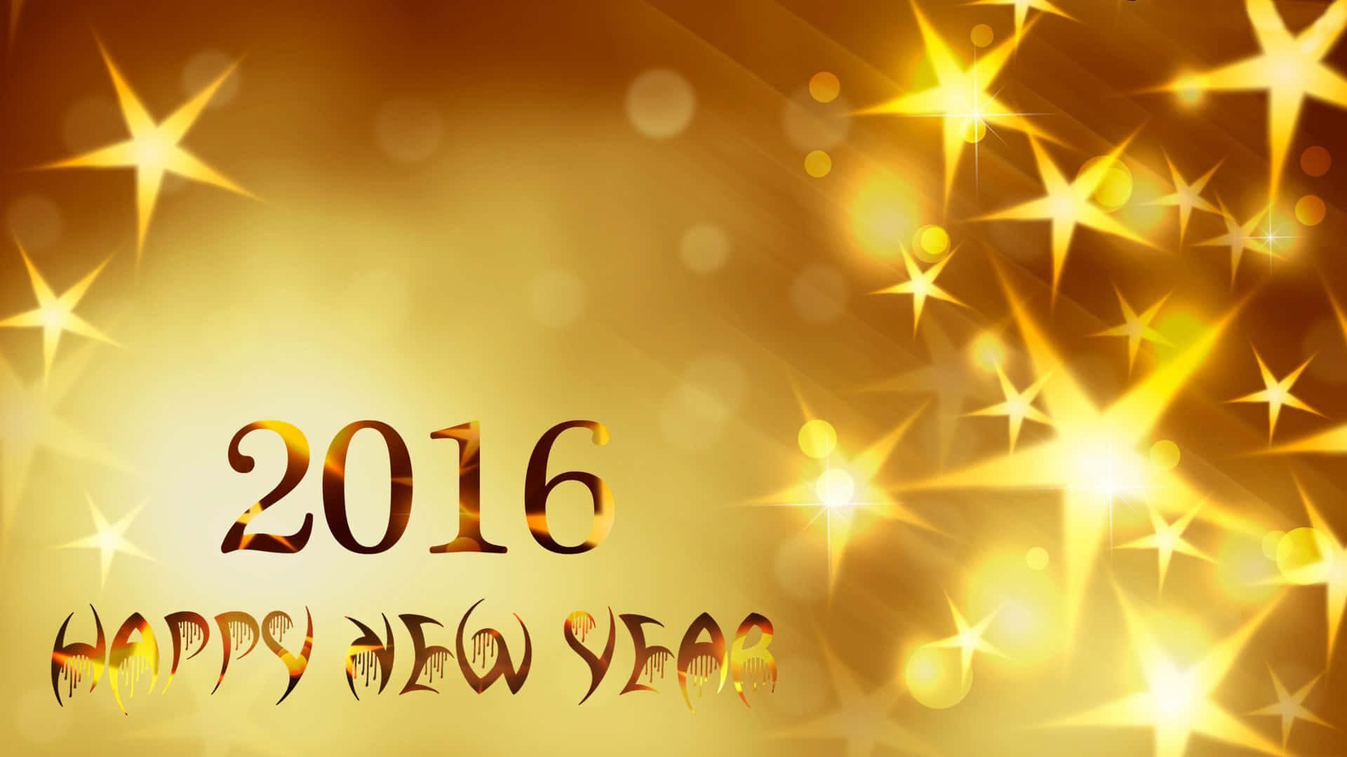 shining 桌布 壁紙 — 金色2016年新年祝福，閃爍星星和發光散景，襯托著明亮的黃色背景。