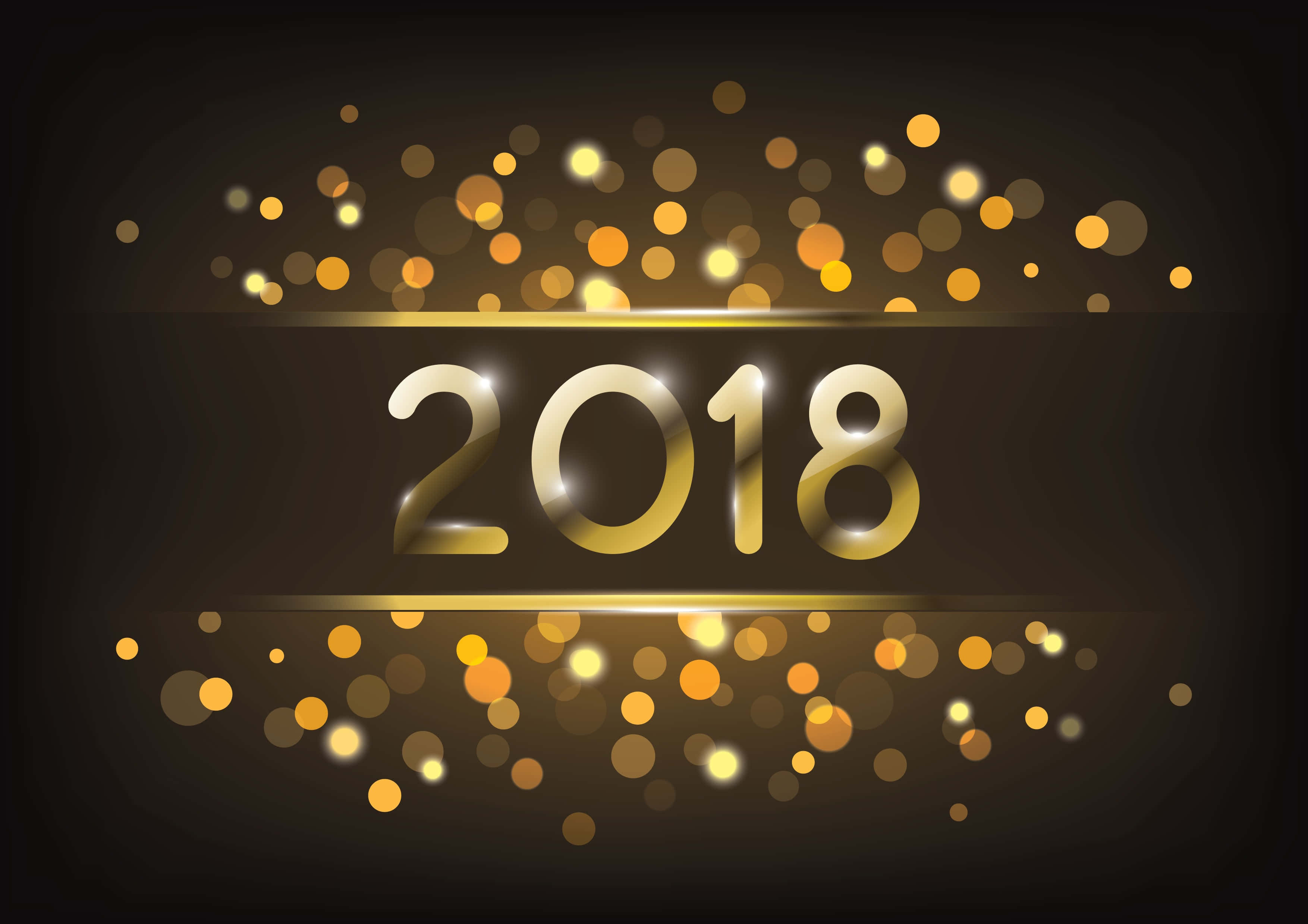 2018 桌布 壁紙 — 金色2018年文字在黑暗背景下閃耀，周圍環繞著溫暖色調的閃爍散景燈光。