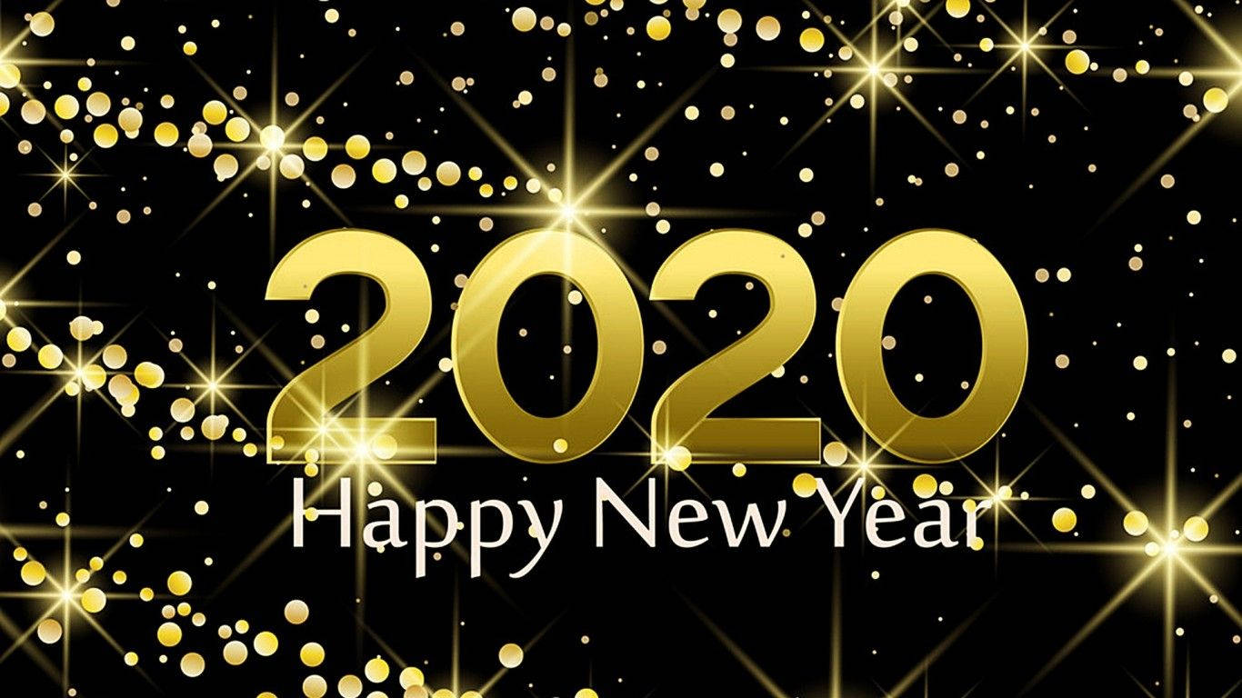 New 桌布 壁紙 — 金色2020 Happy New Year文字在黑色背景上閃爍，帶有閃爍的星爆效果。