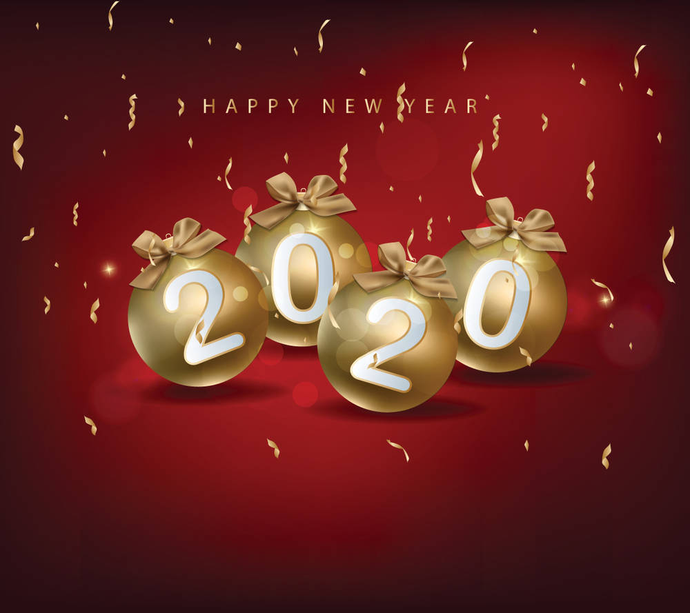 New 桌布 壁紙 — 金色2020年形狀的裝飾品在深紅色背景上漂浮，伴隨著飄落的五彩紙屑和「HAPPY NEW YEAR」文字。